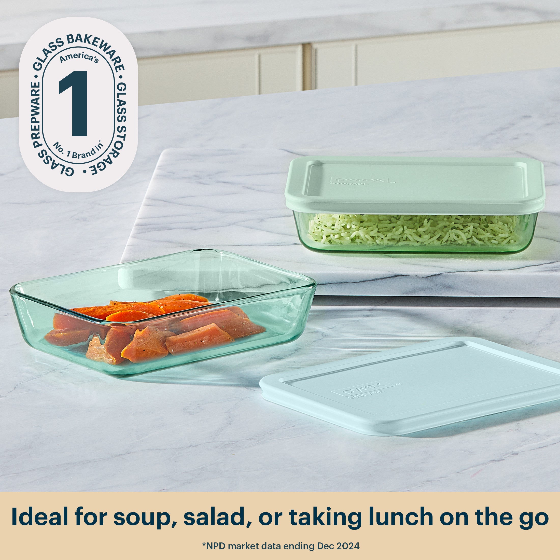 Pyrex® Simply Store® Tinted Glass 3-cup Rectangle Storage Containers. 4-pc Set. Mixed Colors - Image 2