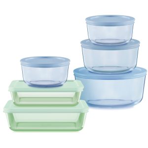 Pyrex® Simply Store® Tinted 12-piece Storage Set with Plastic Lids. Green and Blue