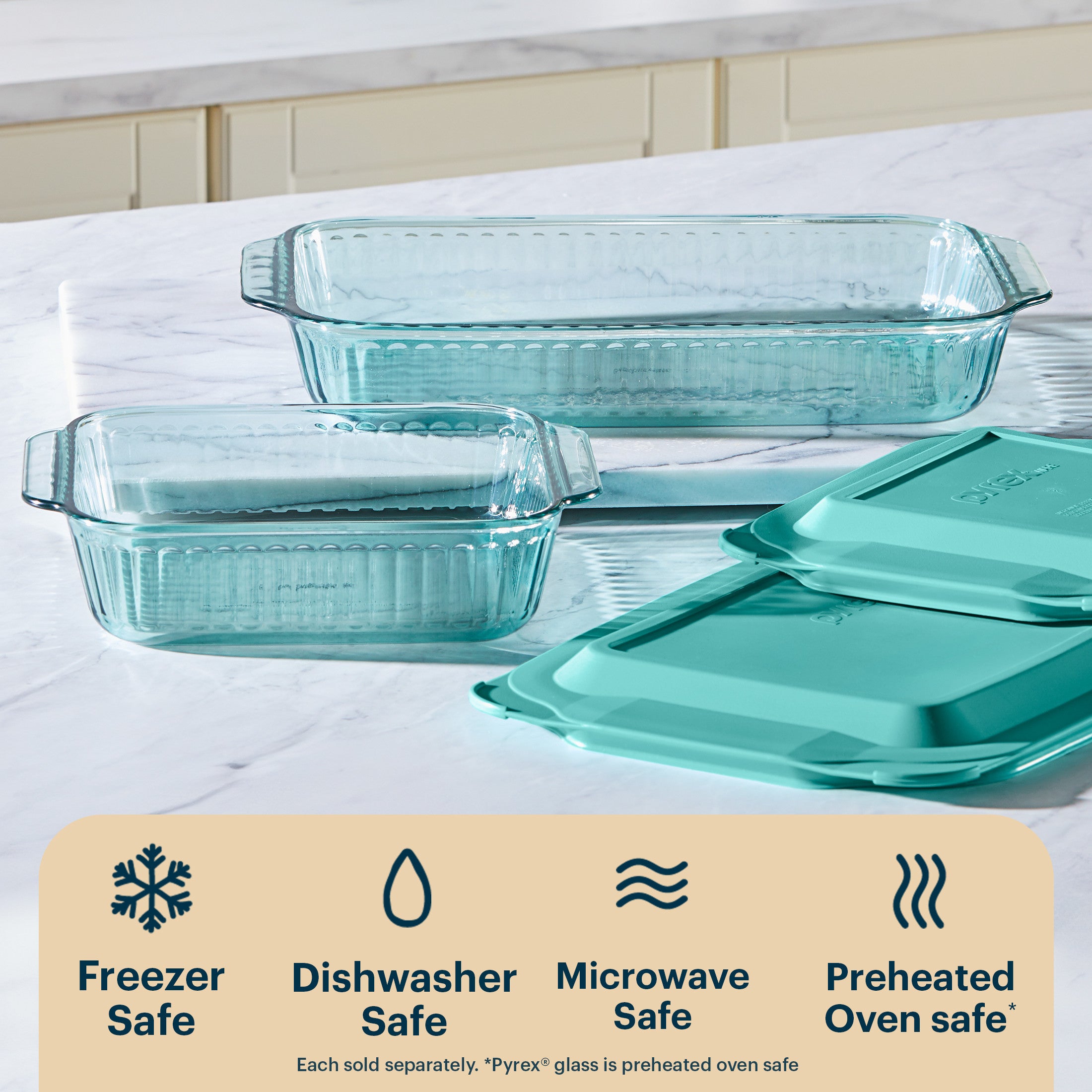Pyrex Sculpted Tinted Glass 3QT Oblong Baking Dish with Lid. Aqua - Image 4
