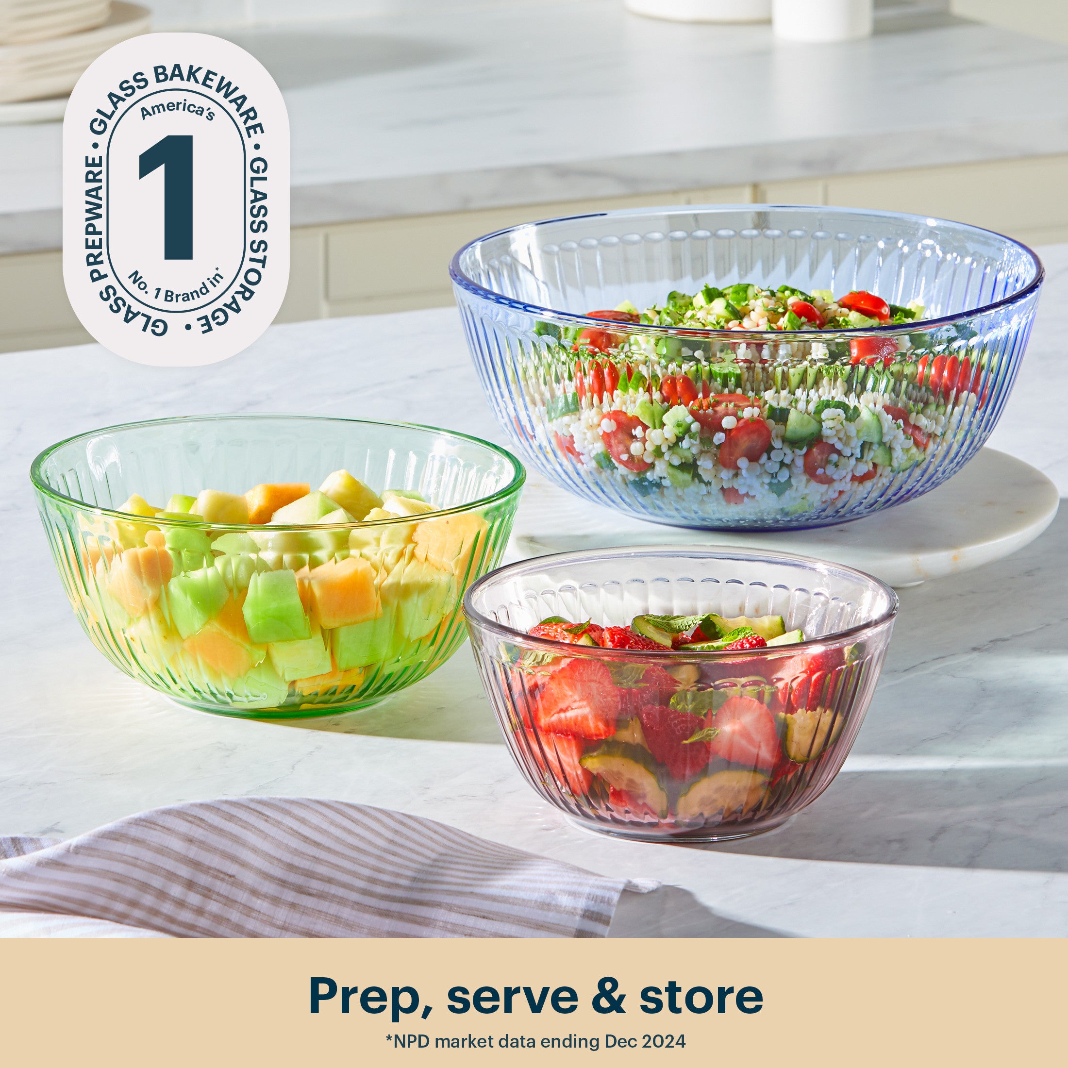 Pyrex Colors Sculpted Tinted 3-piece Mixing Bowl Set. No Lid (Pink.Green.Blue) - Image 2