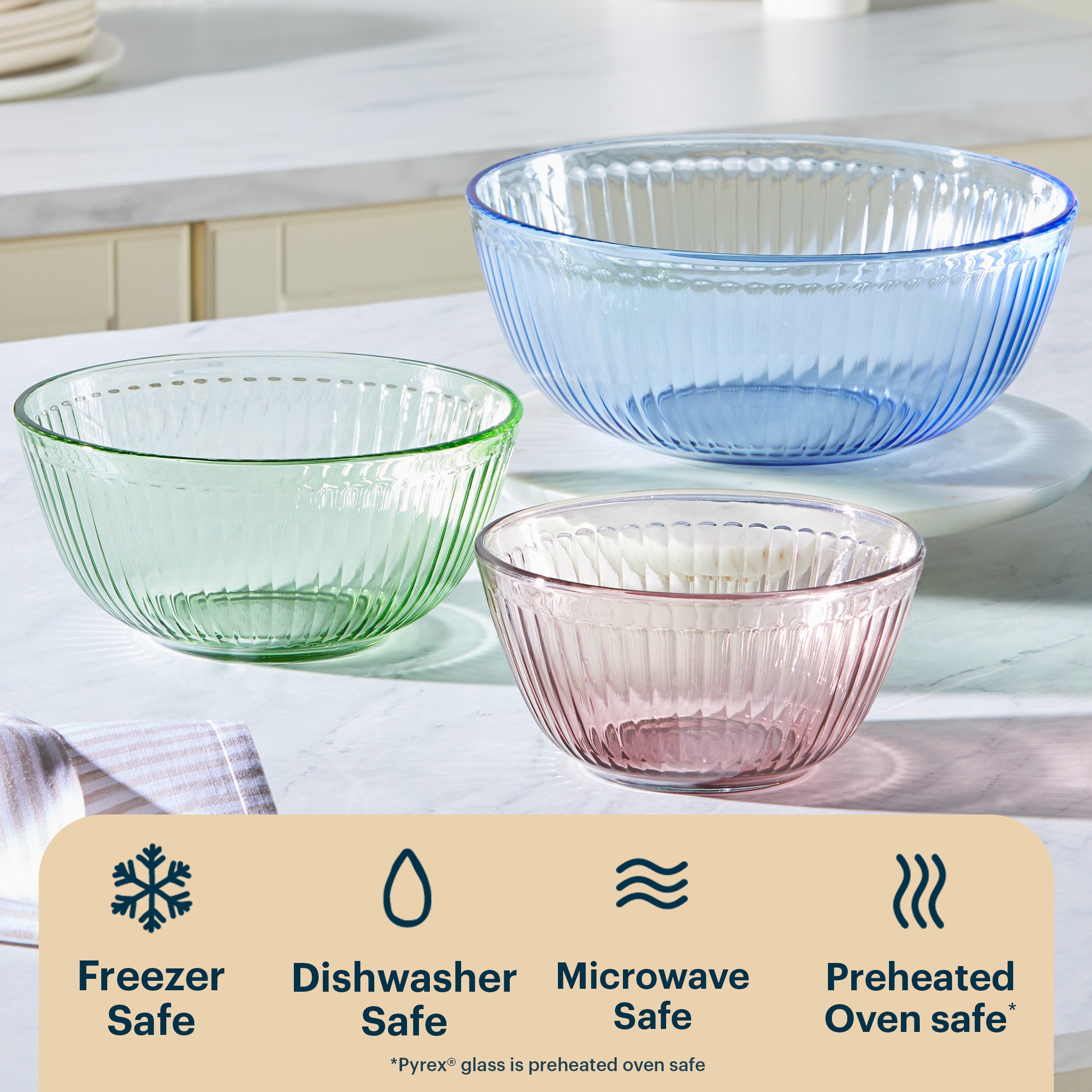 Pyrex Colors Sculpted Tinted 3-piece Mixing Bowl Set. No Lid (Pink.Green.Blue) - Image 4
