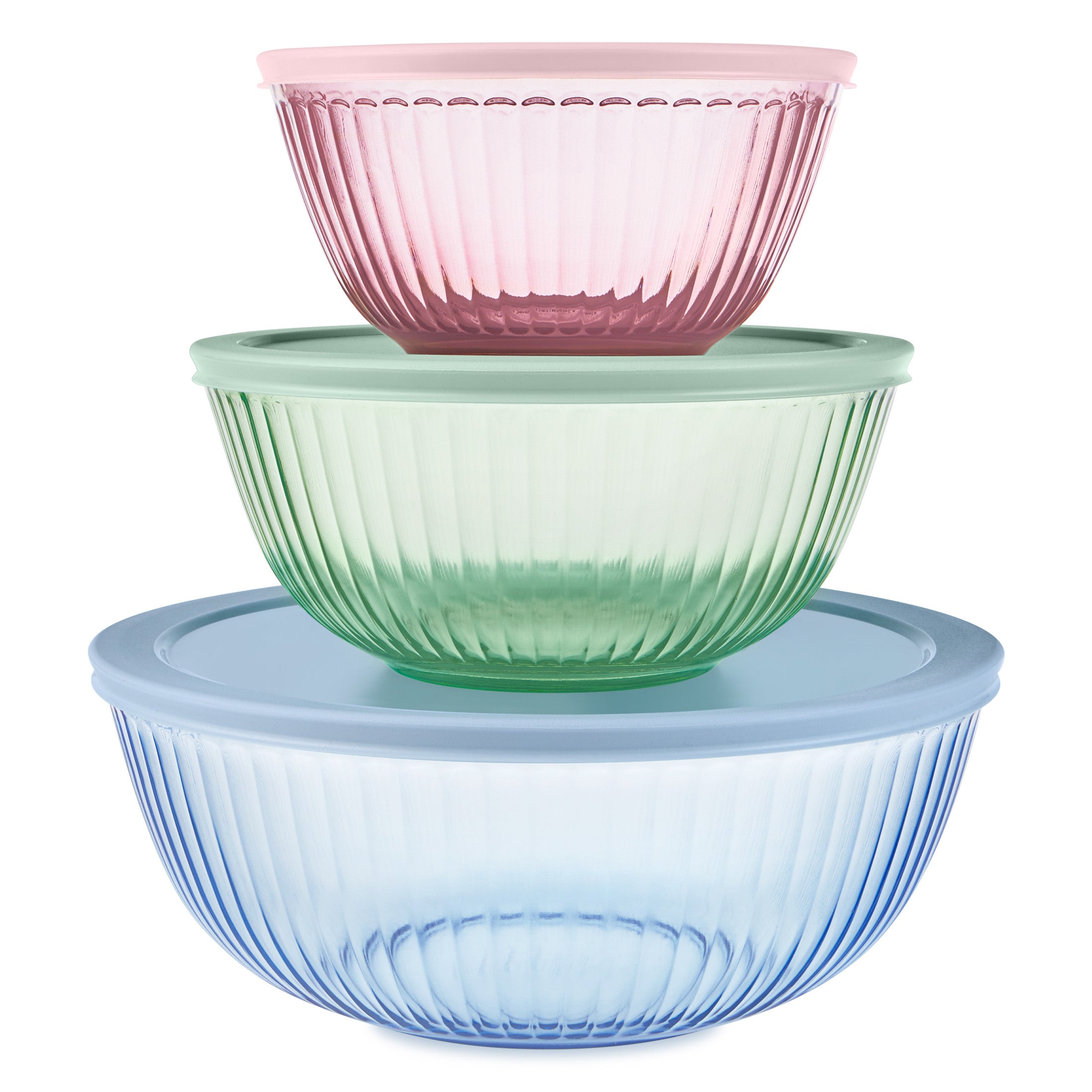 Pyrex? Sculpted Tinted Glass Mixing Bowls with Lids. 6-pc Set. Mixed Colors