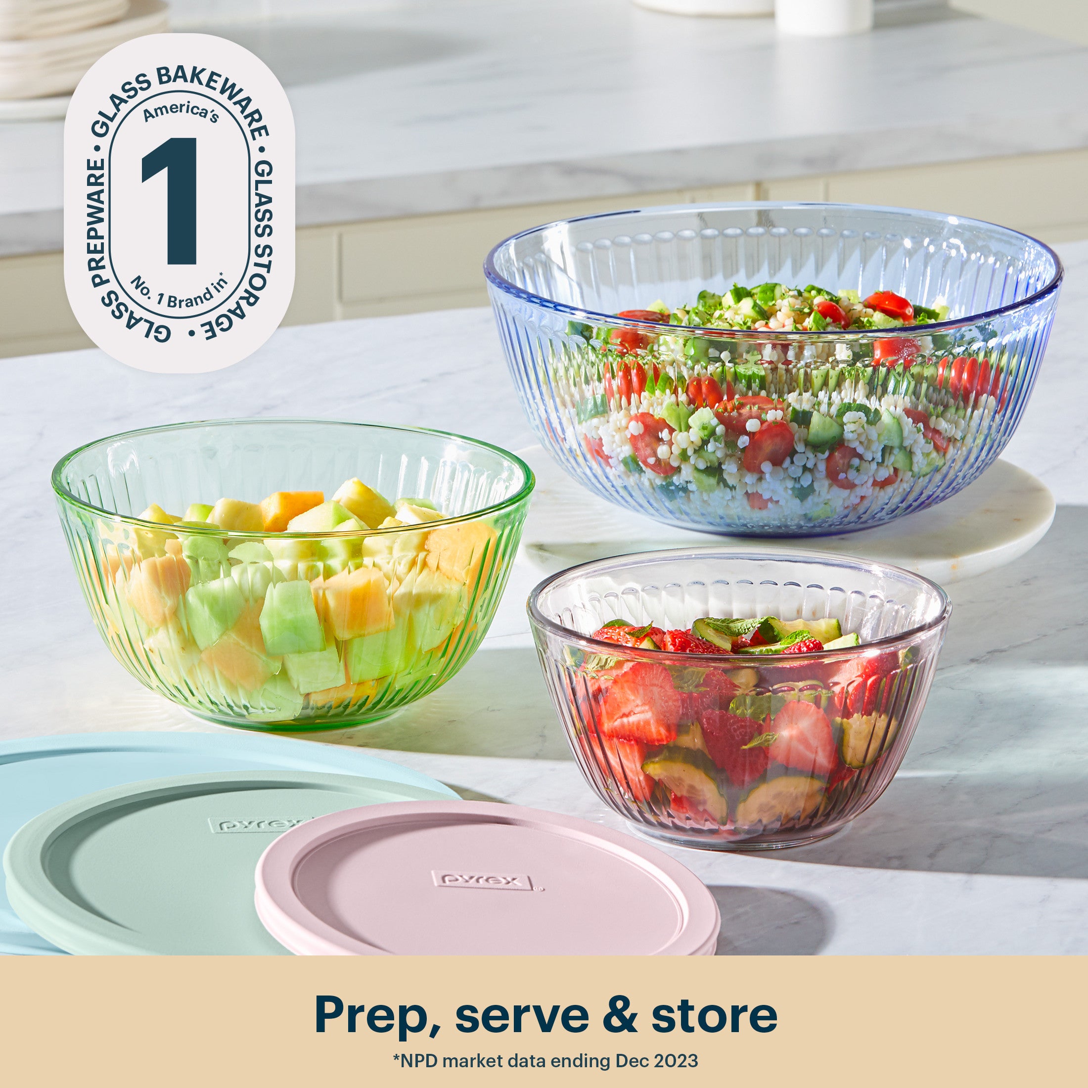 Pyrex Sculpted Tinted Glass Mixing Bowls with Lids. 6-pc Set. Mixed Colors - Image 2
