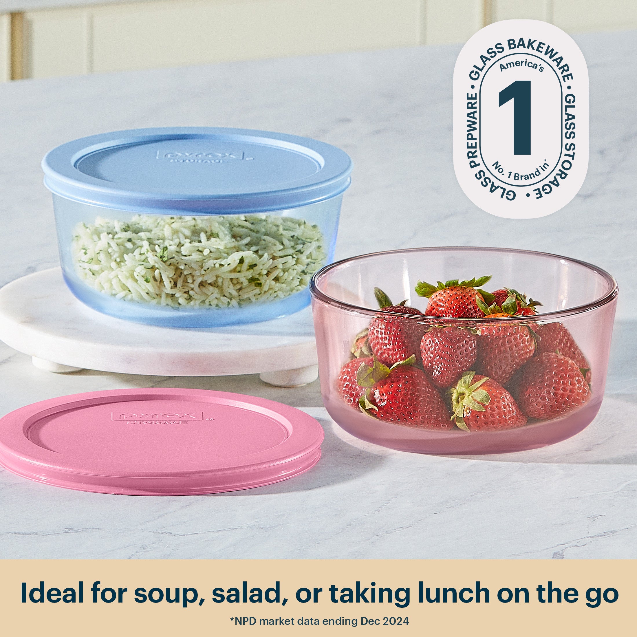 Pyrex? Simply Store? Tinted Glass 4-cup Round Storage Containers. 4-pc Set. Mixed Colors - Image 2