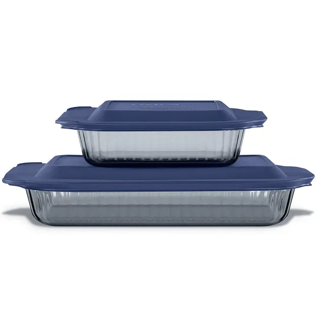 Pyrex® Colors Sculpted Tinted 4-piece Baking Set with Plastic Lids. Smoke
