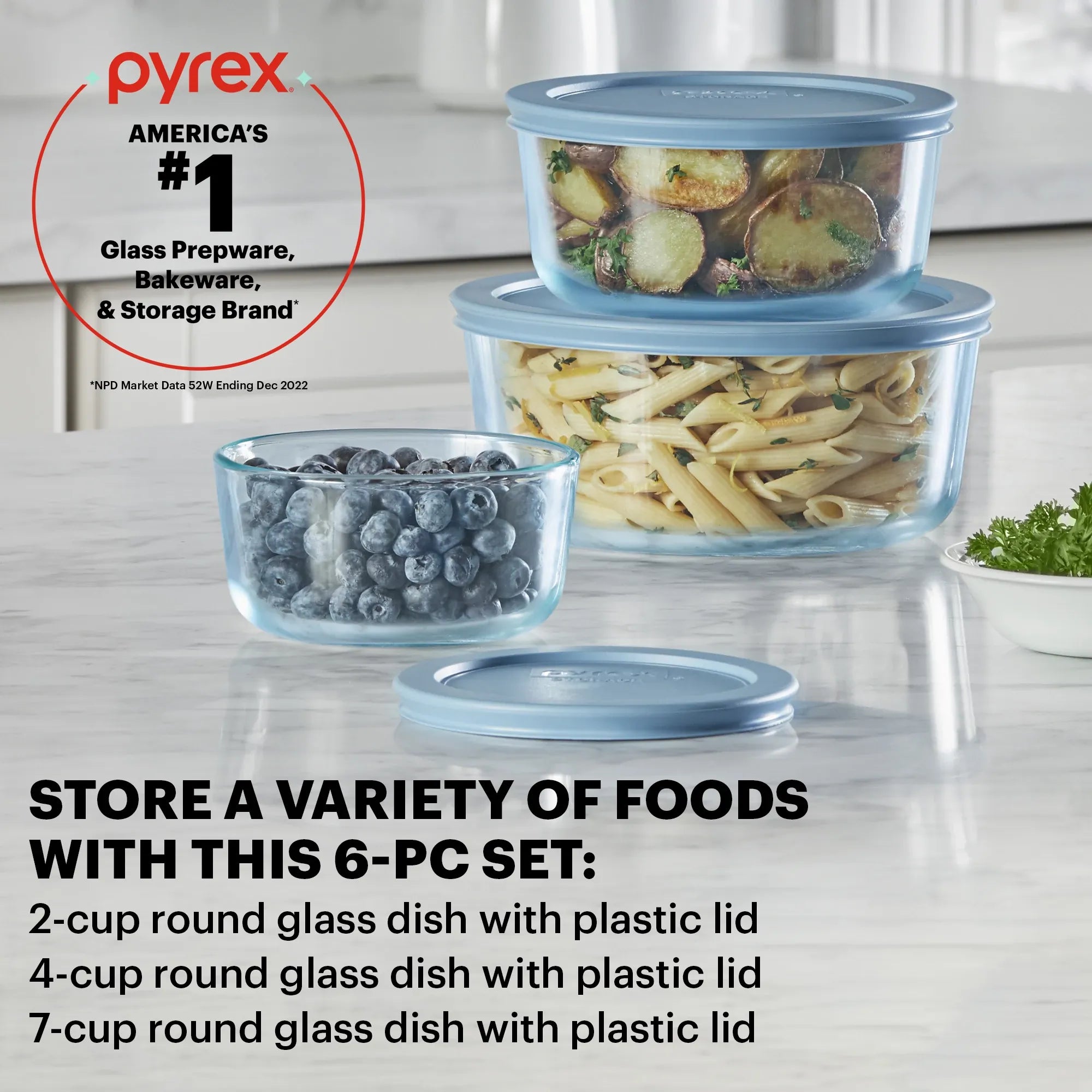 Pyrex Simply Store Tinted 6-piece Round Storage Set with Blue Plastic Lids - Image 2