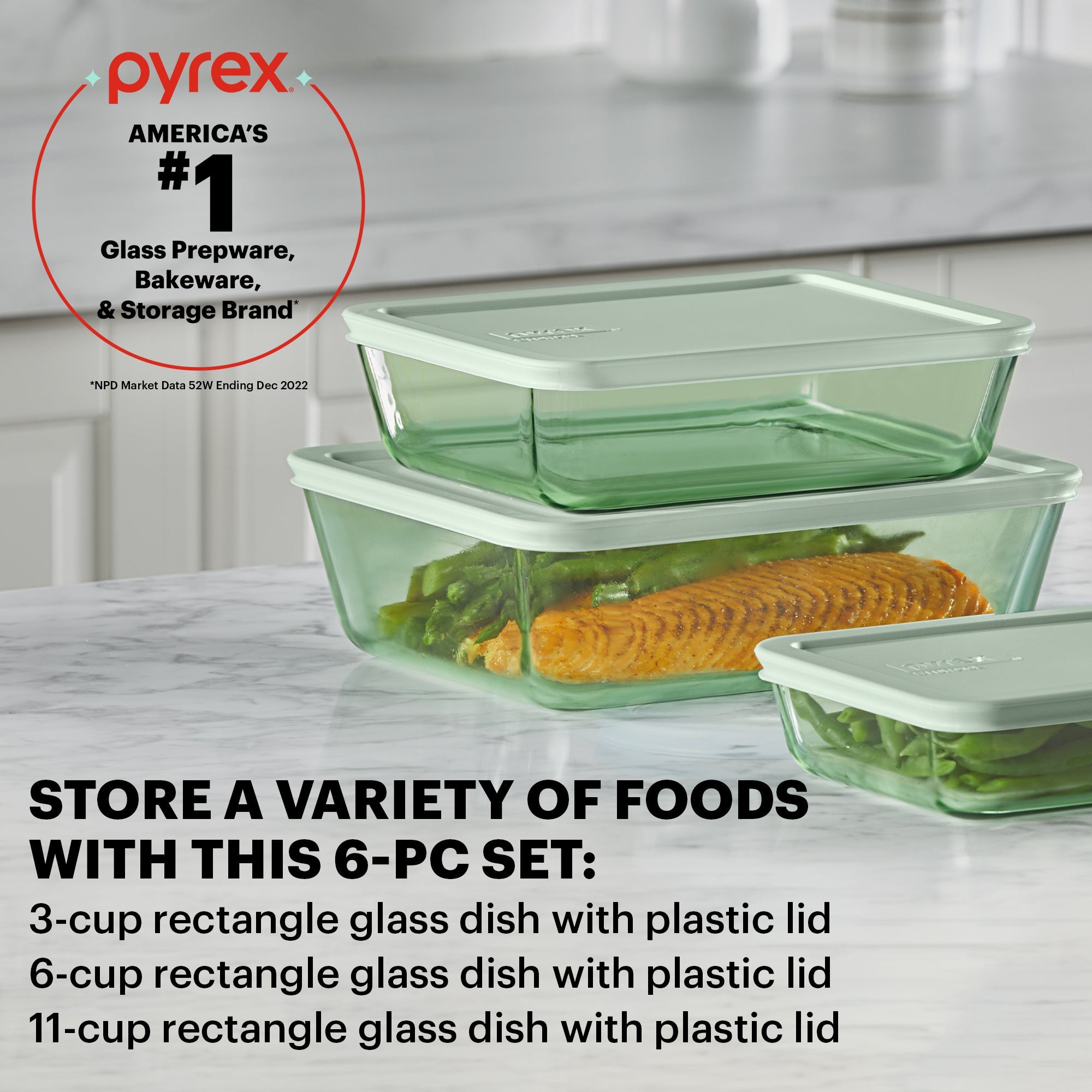 Pyrex Simply Store Tinted 6-piece Rectangle Storage Set with Plastic Lids. Green - Image 2