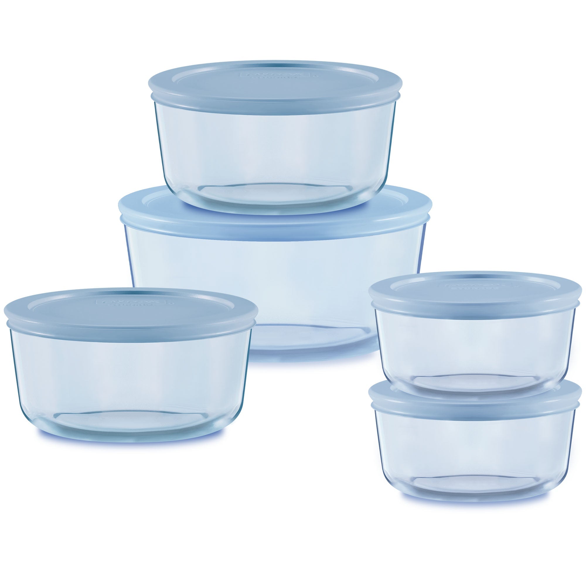 Pyrex Simply Store Tinted 10-piece Round Storage Set with Blue Plastic Lids