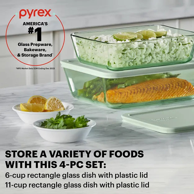 Pyrex Simply Store Tinted 4-piece Rectangle Storage Set with Green Plastic Lids - Image 2