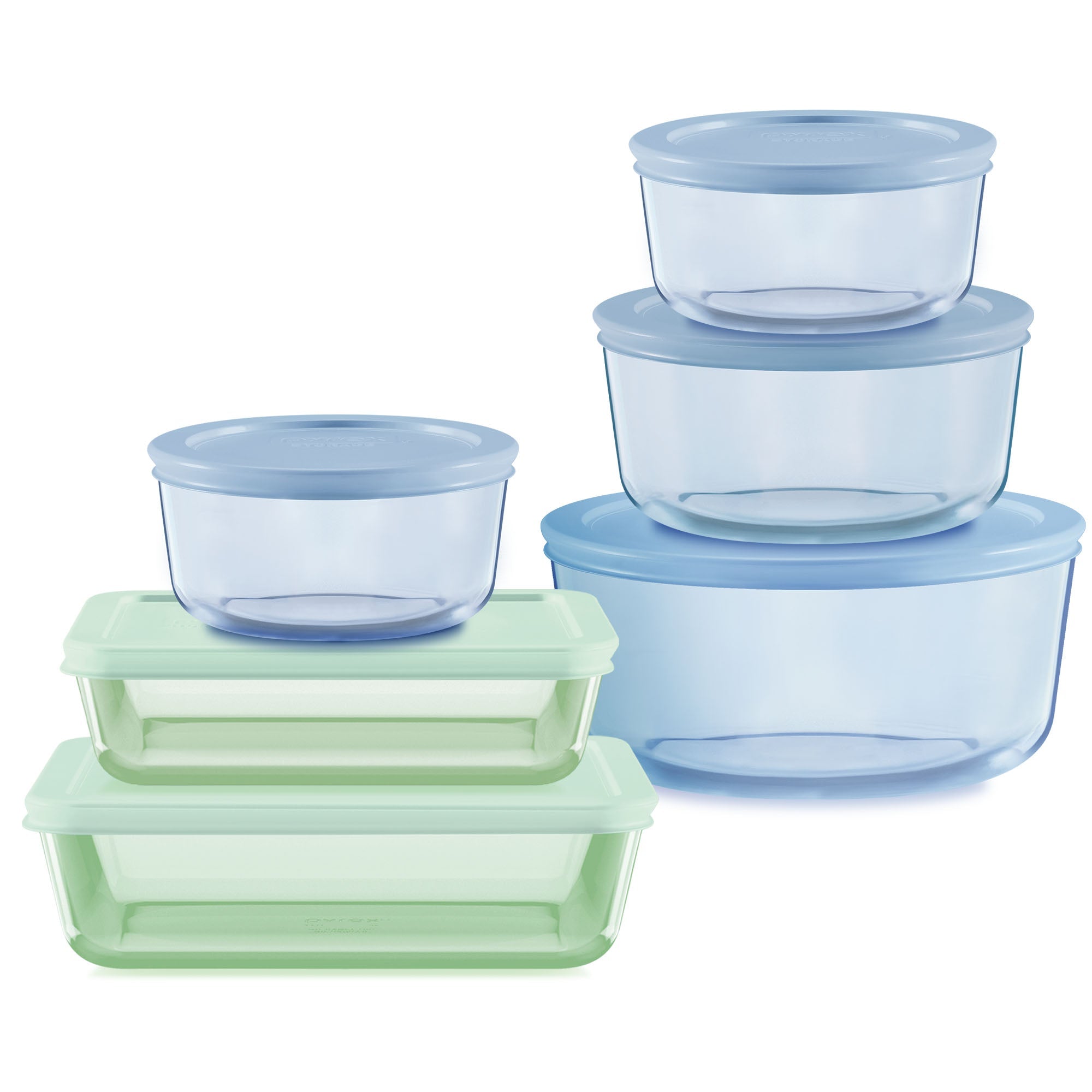 Pyrex Simply Store Tinted 12-piece Storage Set with Plastic Lids. Green and Blue