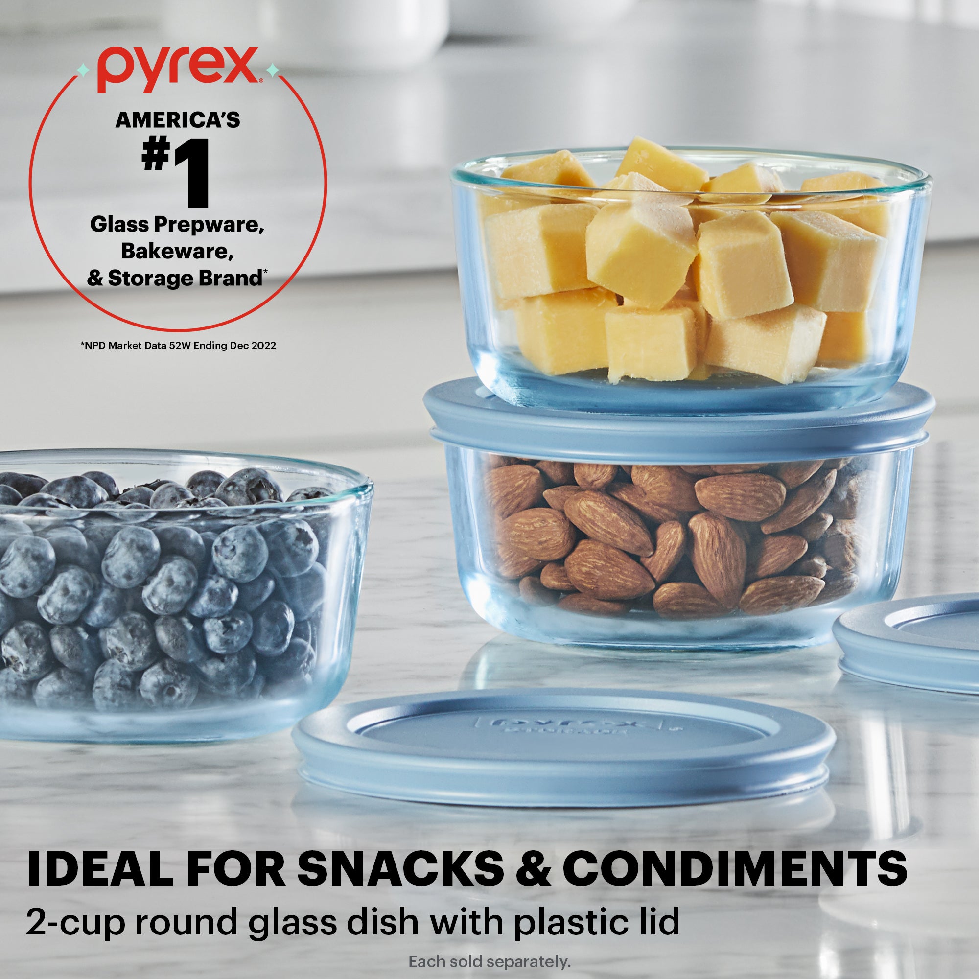 Pyrex Simply Store Tinted 2-cup Round Storage with Plastic Lid. Blue - Image 2