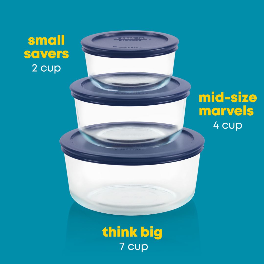 Pyrex Simply Store 6-piece Round Glass Food Storage Container Set with Blue Lids - Image 3